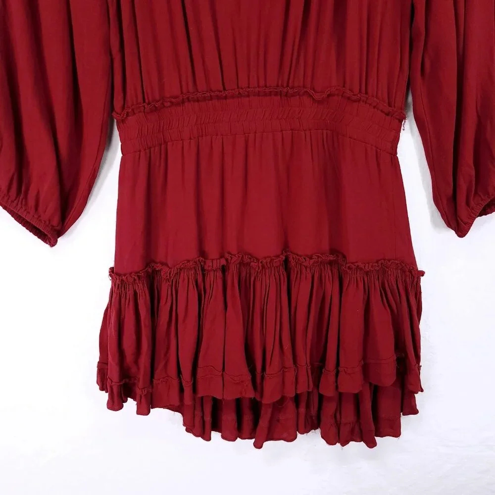 Misa Los Angeles Lorena Mini Dress Medium Tiered Long Sleeve V-Neck Red